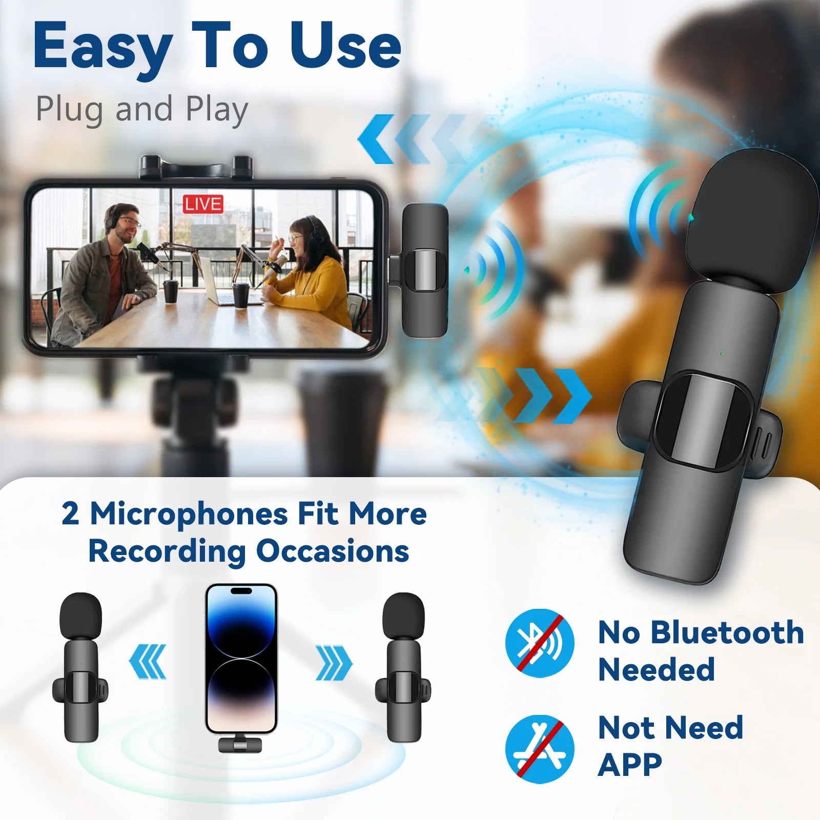 Wireless Lavalier Microphone for Iphone and Android, Lapel Microphone with Noise Reduction, Clip on Mini Mic for Video Recording, Interviews, Vlog